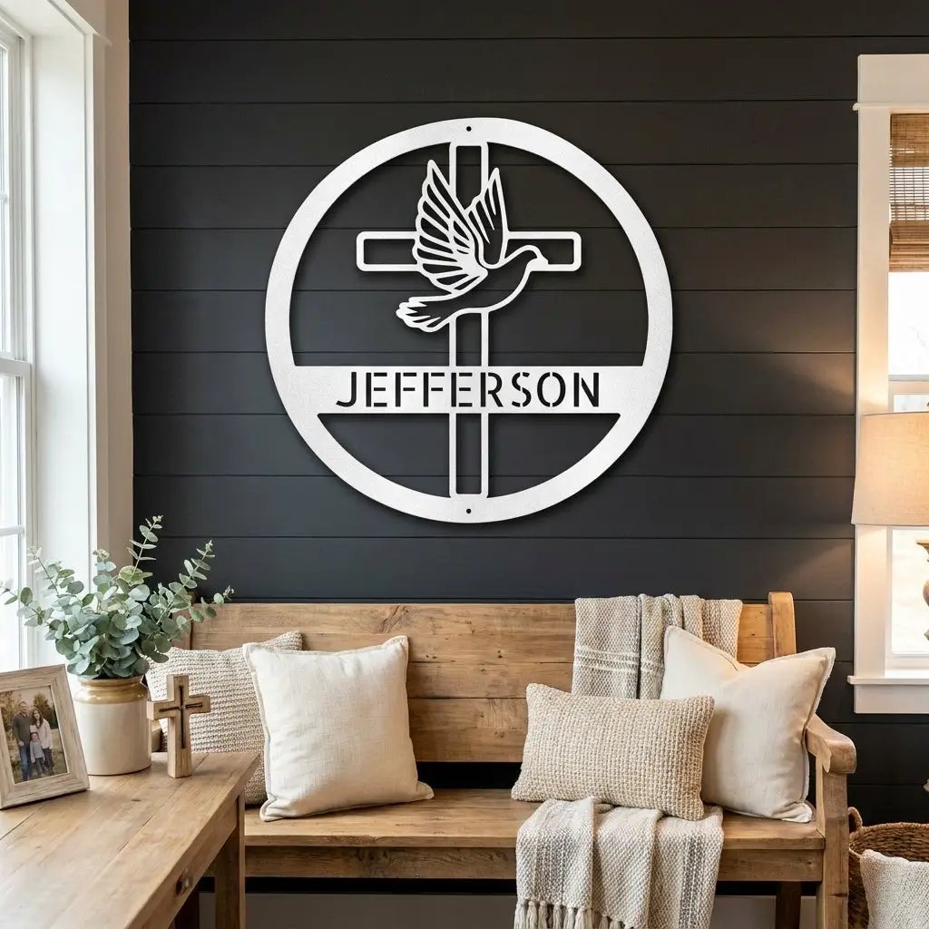 Personalized Cross & Dove Metal Wall Art – Custom Family Name Christian Steel Sign – Faith Based Farmhouse Wall Decor
