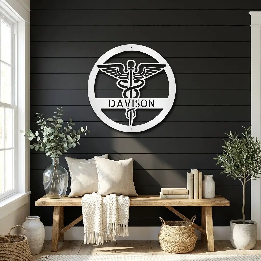 Personalized Medical Symbol Metal Wall Art – Custom Caduceus Steel Sign – Doctor Nurse Healthcare Professional Gift Decor