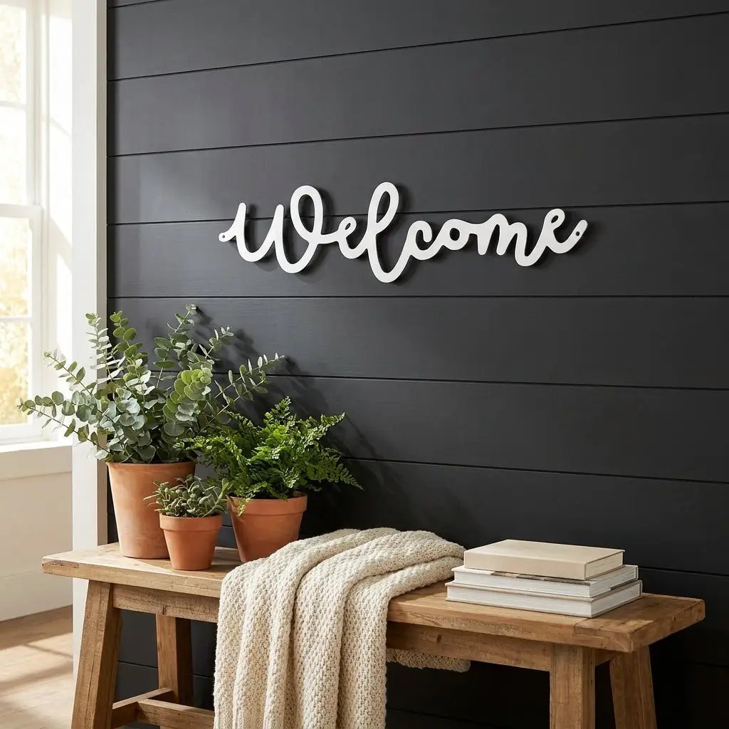 Welcome Script Metal Wall Art – Modern Farmhouse Welcome Sign – Minimalist Entryway Steel Decor for Porch, Foyer & Living Room
