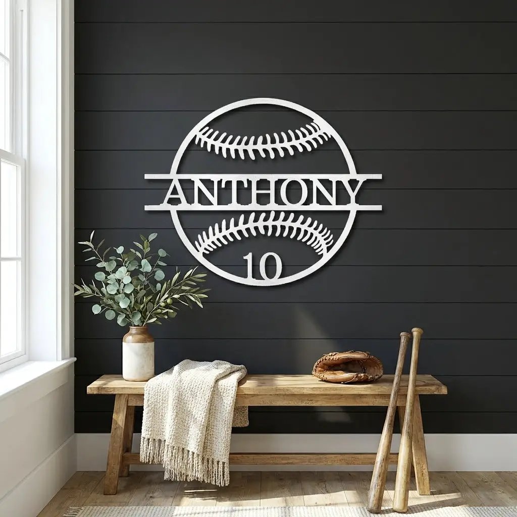 Personalized Baseball Metal Wall Art | Custom Name and Number Baseball Sign | Player Room Decor