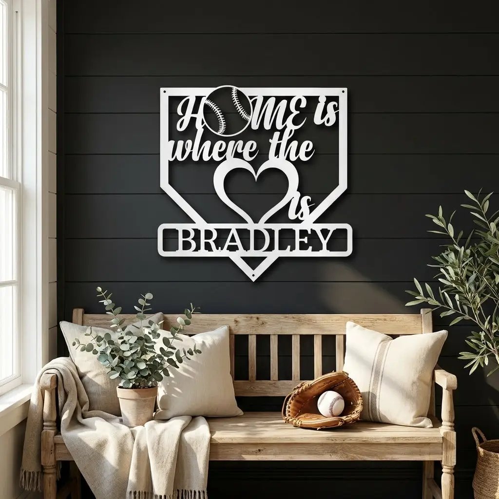 Personalized Baseball Home Plate Metal Wall Art | Custom Family Name Baseball Sign | Baseball Lover Home Decor