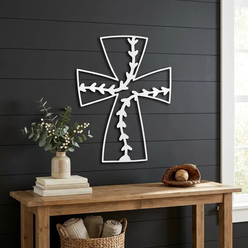 Faith Baseball Cross Metal Wall Art | Christian Baseball Decor | Baseball Stitch Cross Sign for Players & Fans