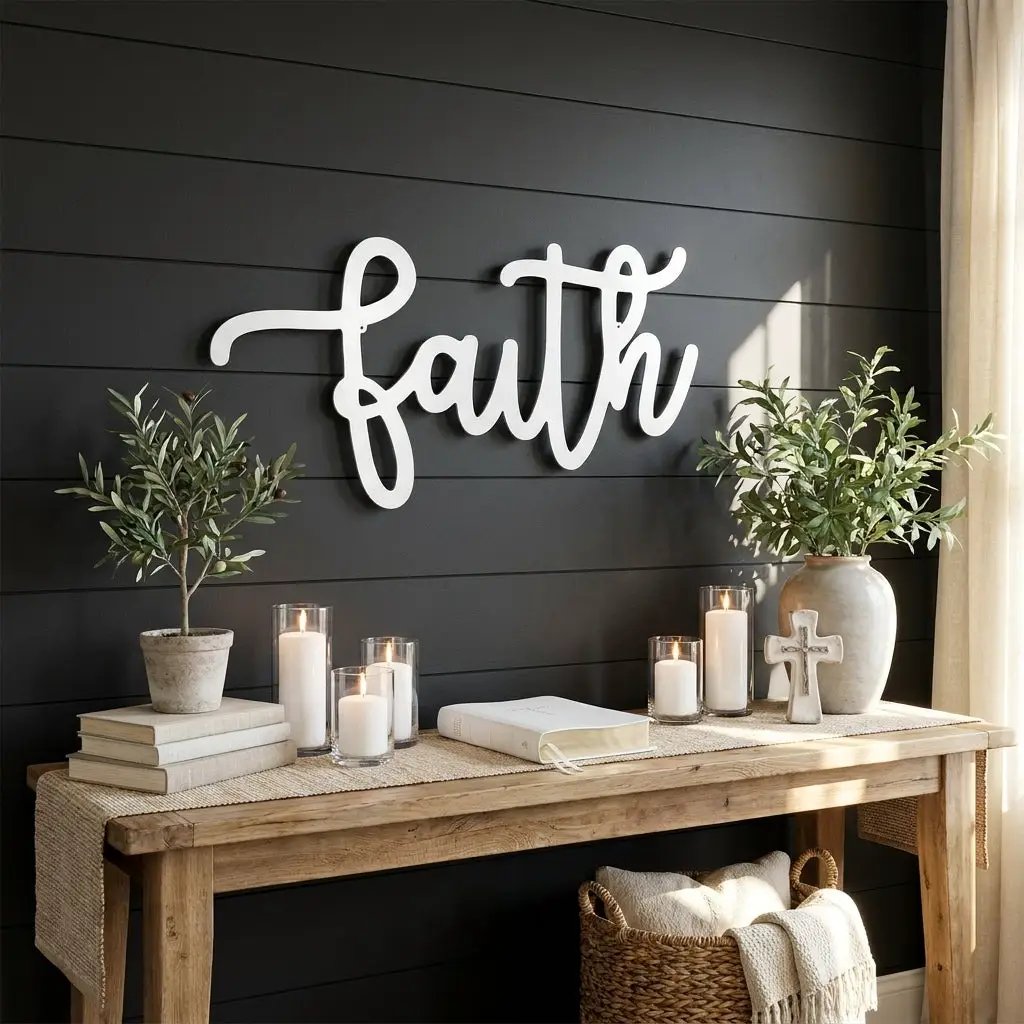 Faith Script Metal Wall Art – Christian Home Decor – Inspirational Metal Sign – Minimalist Religious Wall Decor