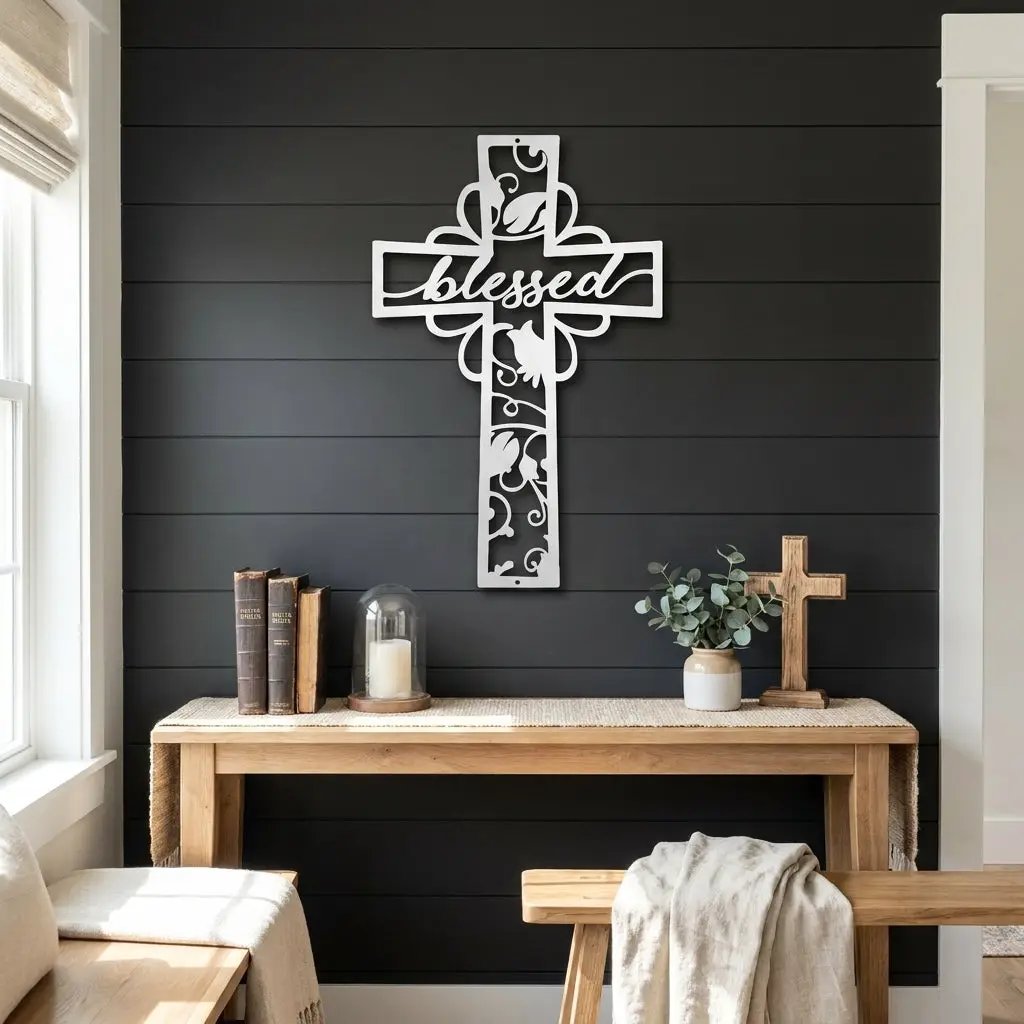 Blessed Cross Metal Wall Art | Christian Floral Cross Decor | Inspirational Faith Wall Hanging