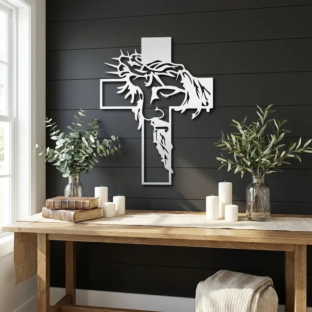 Jesus Crown of Thorns Steel Cross Sign Christian Metal Wall Decor Made in USA
