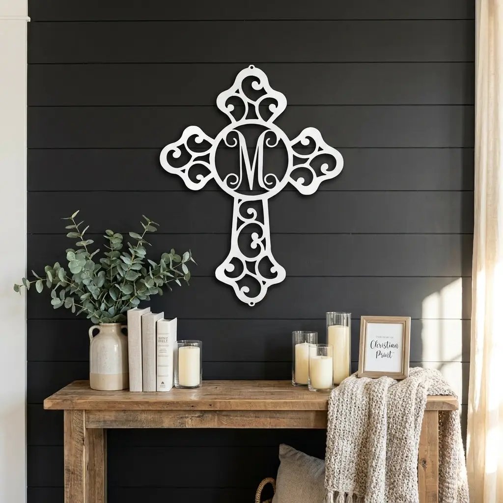 Personalized Initial Cross Metal Wall Art | Custom Monogram Christian Cross Decor | Ornate Faith Wall Hanging