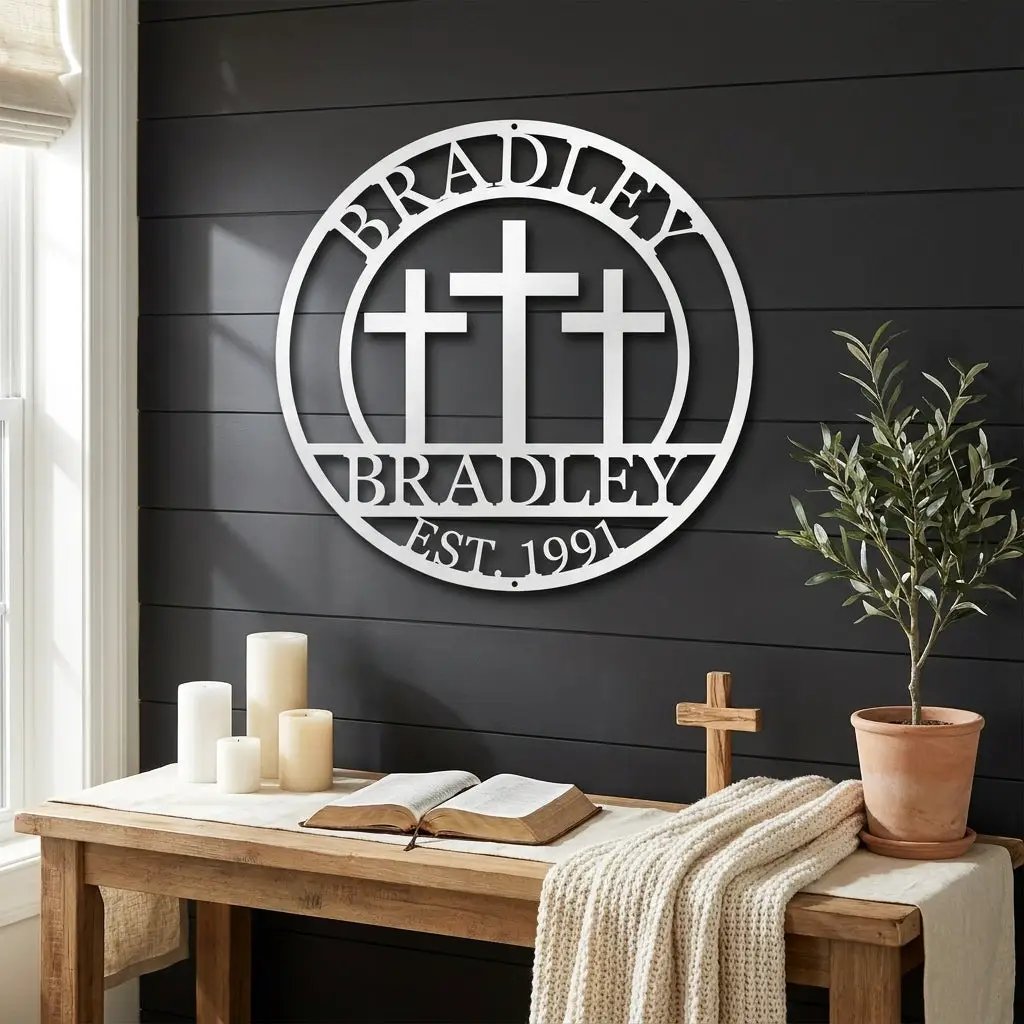 Personalized Three Crosses Metal Wall Art | Christian Family Name Sign | Faith Based Farmhouse Decor