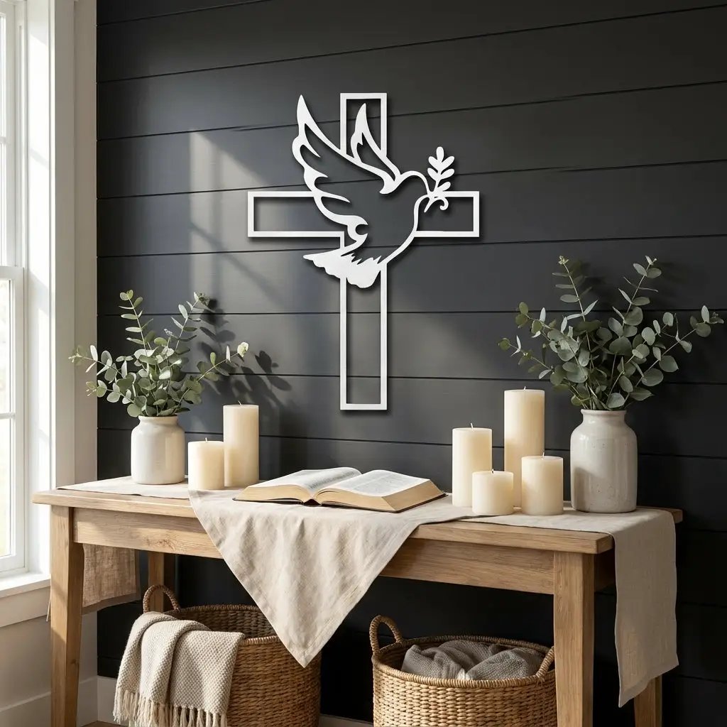 Dove Cross Metal Wall Art | Christian Holy Spirit Decor | Inspirational Religious Wall Hanging