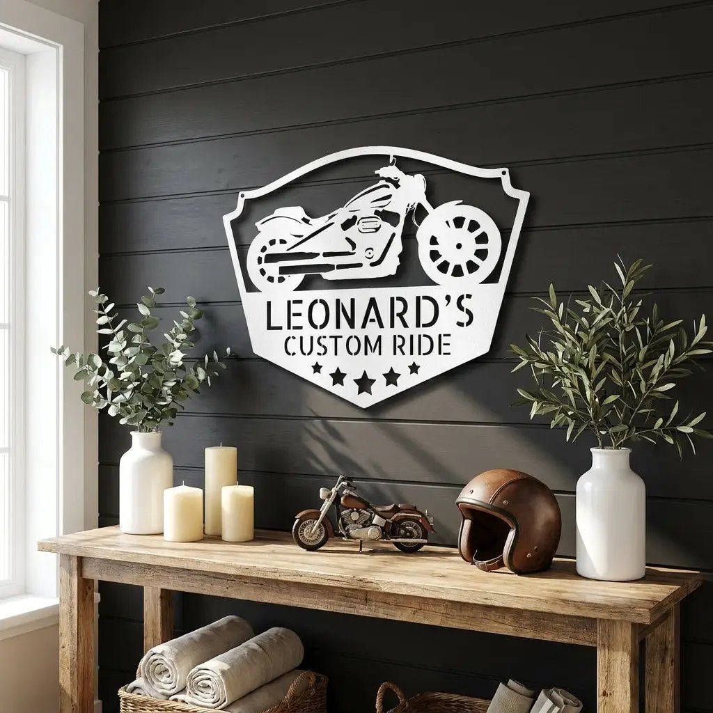 Chopper Motorcycle Shop Custom Name Monogram Indoor Outdoor Steel Wall Sign
