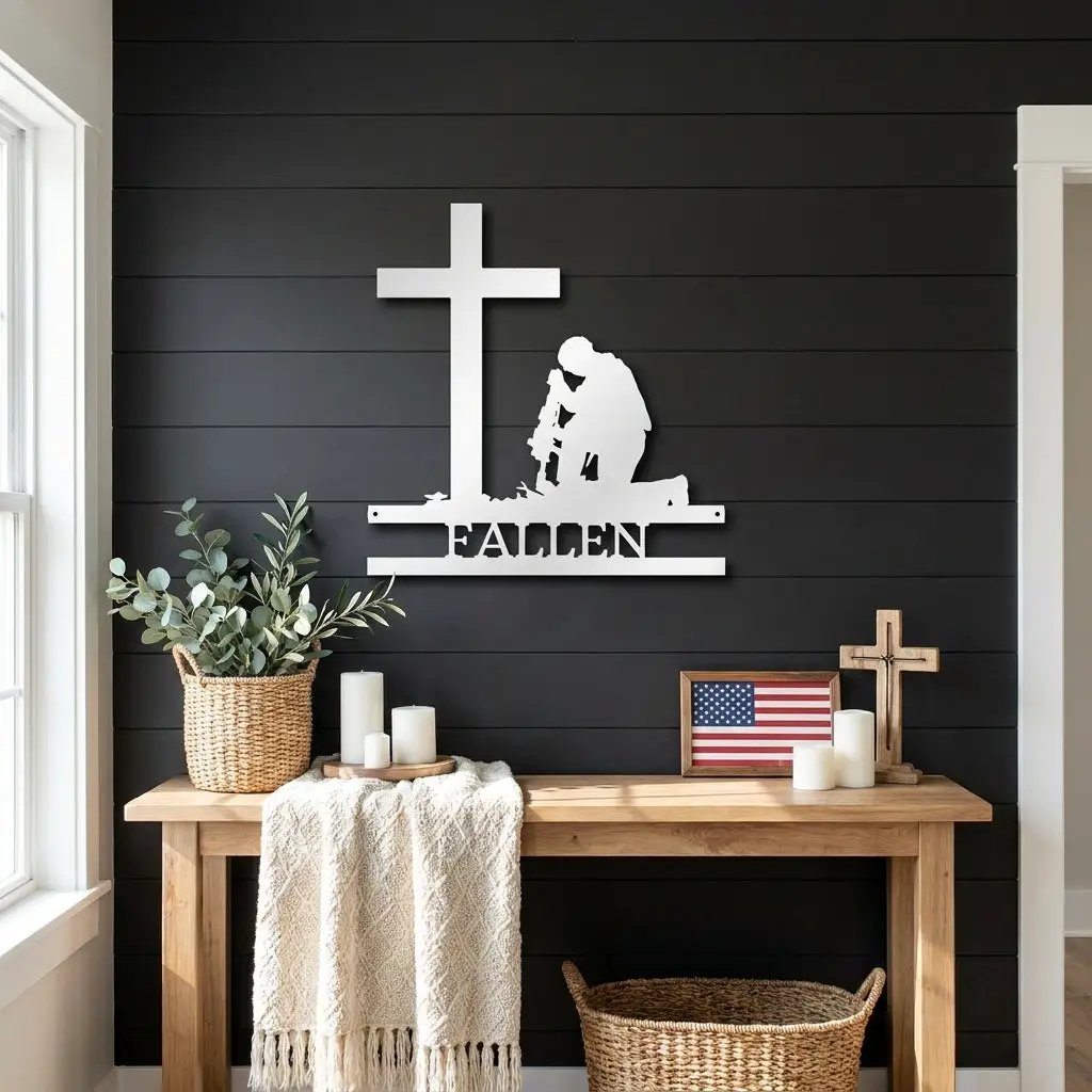 Personalized Fallen Soldier Memorial Metal Wall Art | Military Remembrance Cross Decor | Veteran Tribute Sign