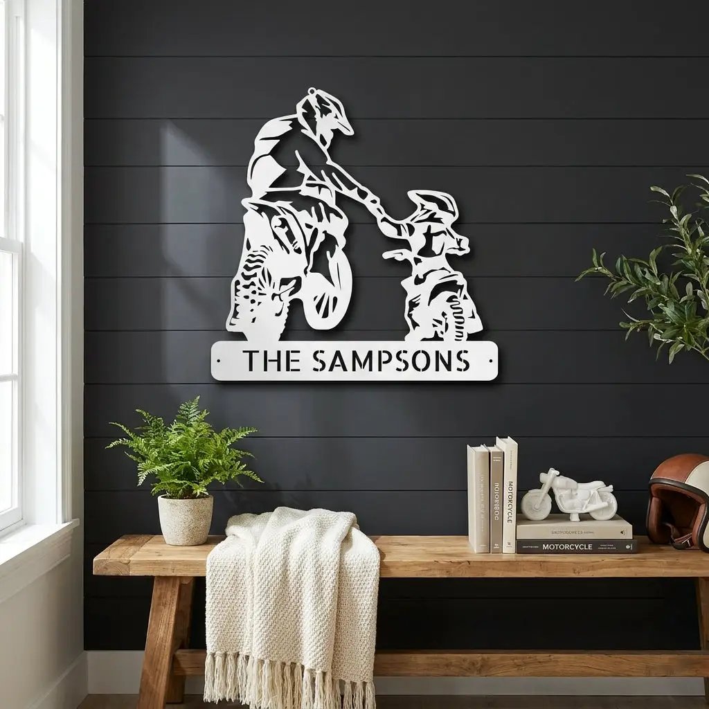 Father and Son Motocross Personalized Name Indoor Outdoor Steel Wall Sign Metal Art