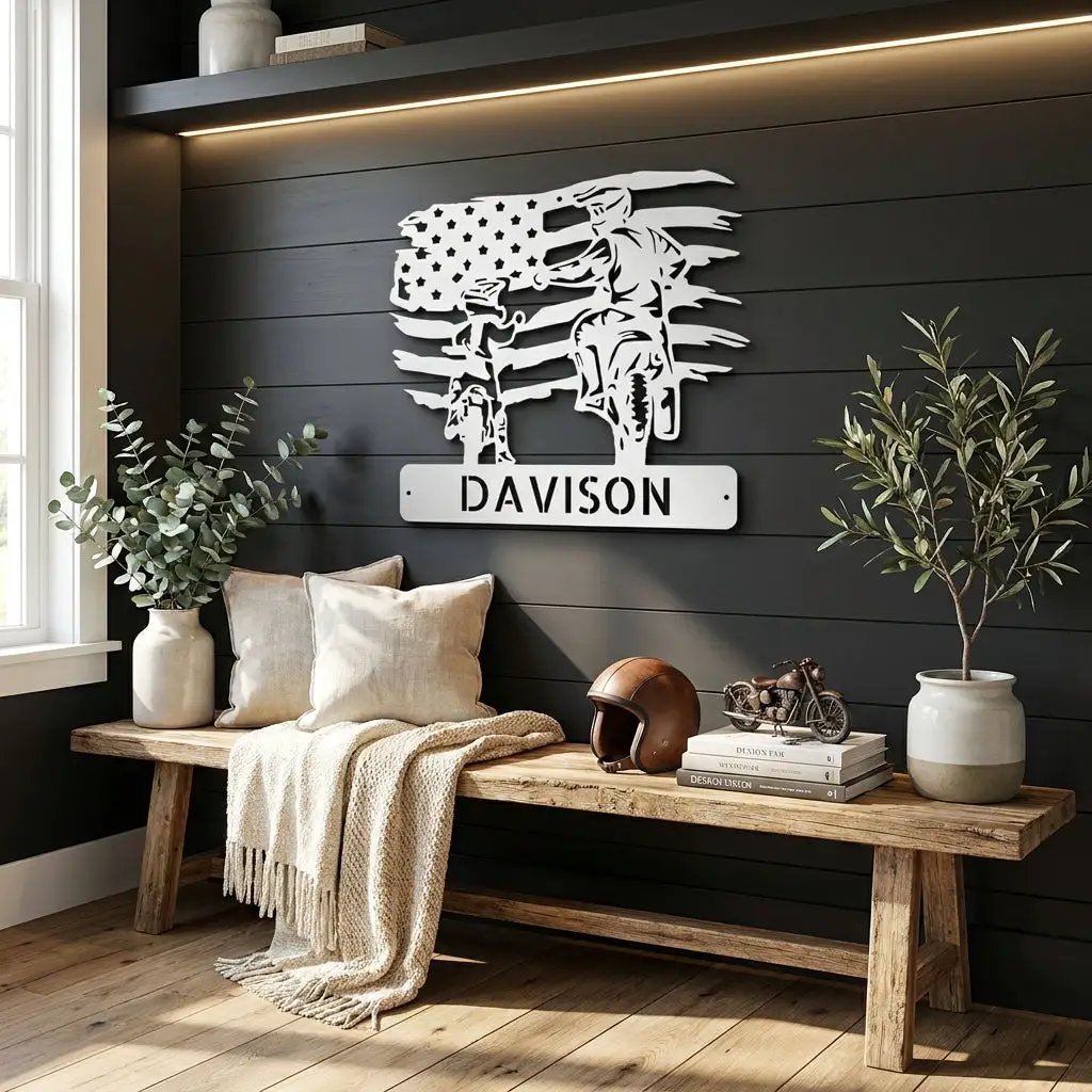 Personalized American Father & Son Motorcycle Metal Wall Art | Patriotic Biker Family Sign | Custom USA Motorcycle Decor