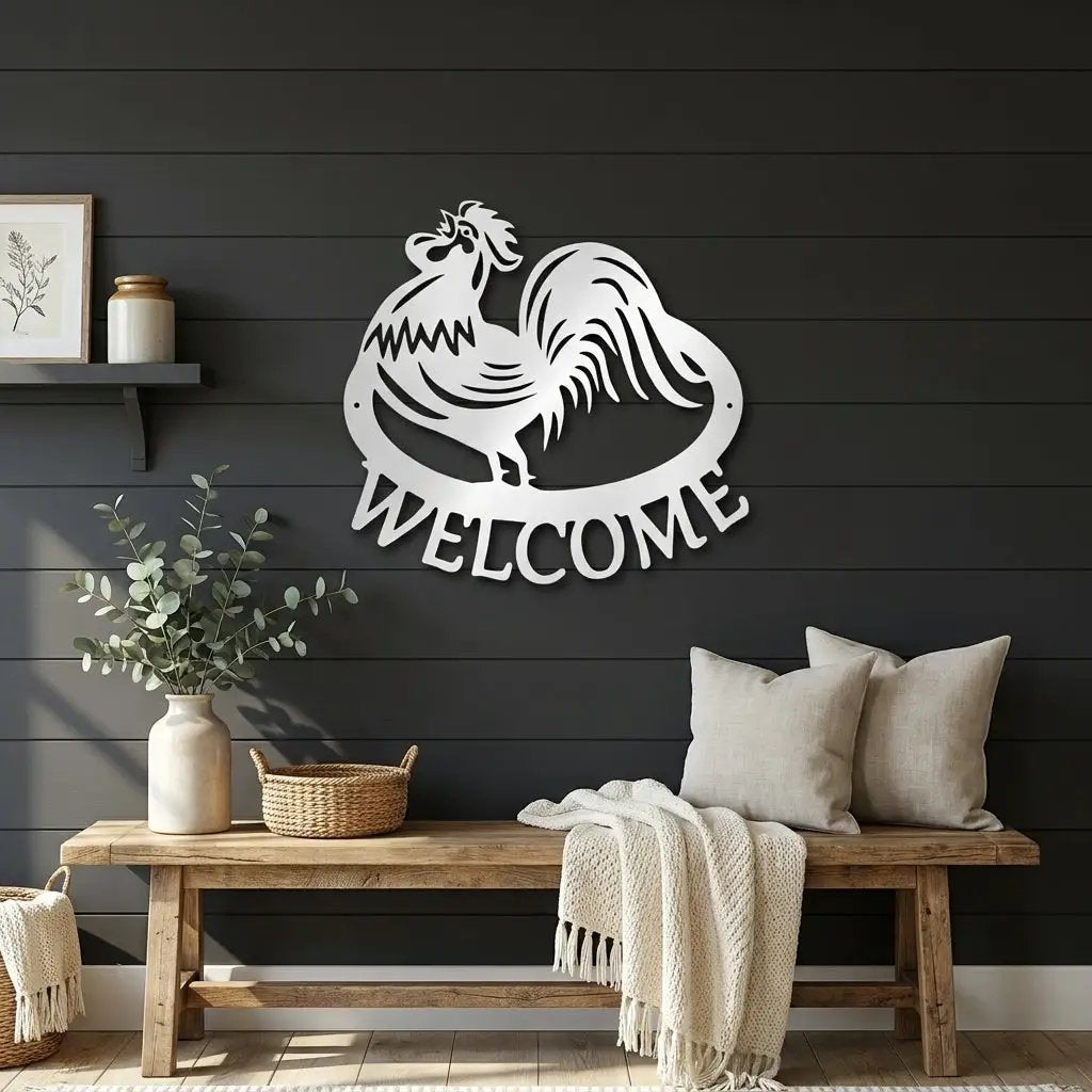 Welcome Rooster Metal Wall Art – Farmhouse Chicken Decor – Rustic Kitchen Wall Sign – Country Home Decor – Farmhouse Porch Sign