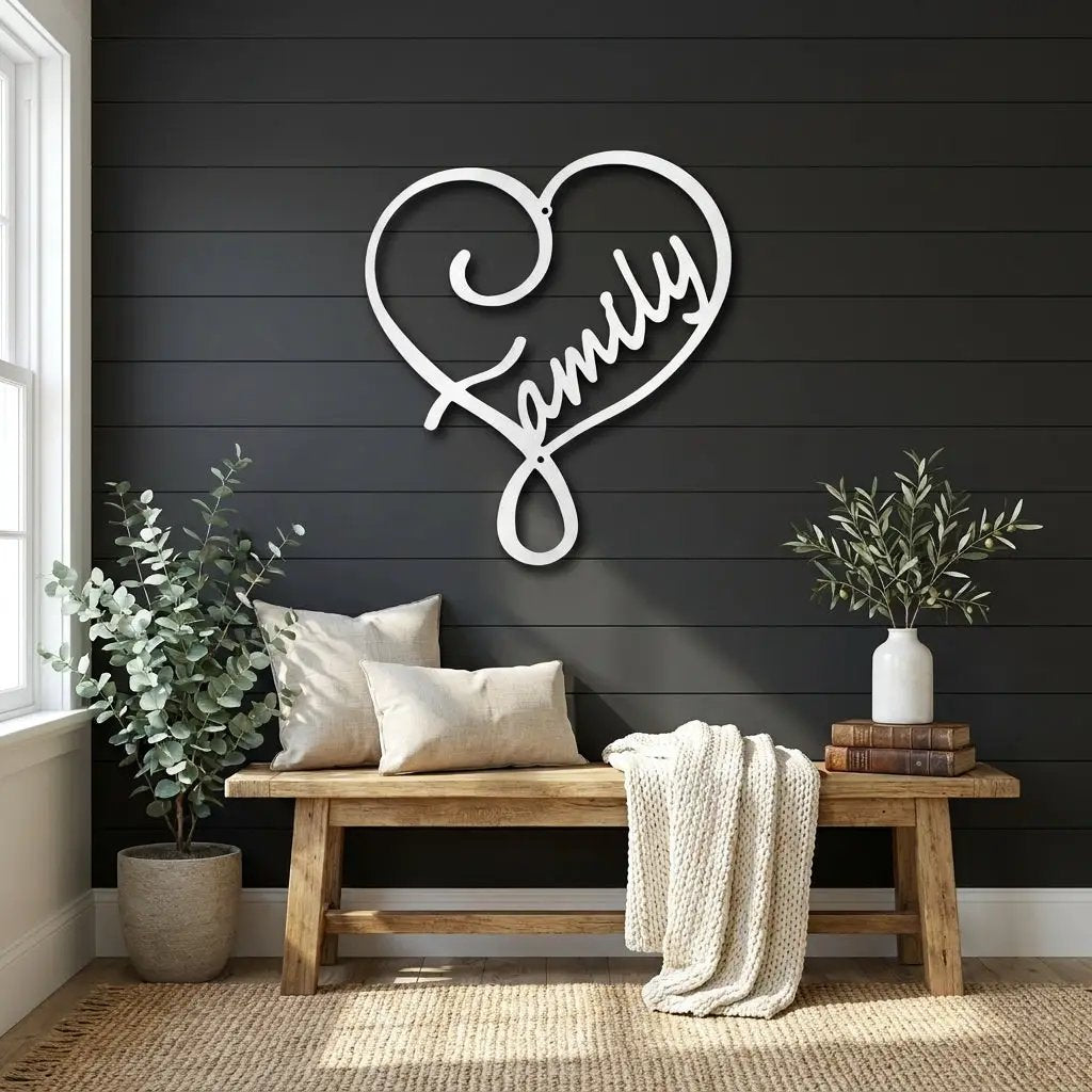 Family Name Heart Metal Wall Art Sign – Custom Steel Family Love Monogram – Laser Cut Amish Crafted Metal Home Decor