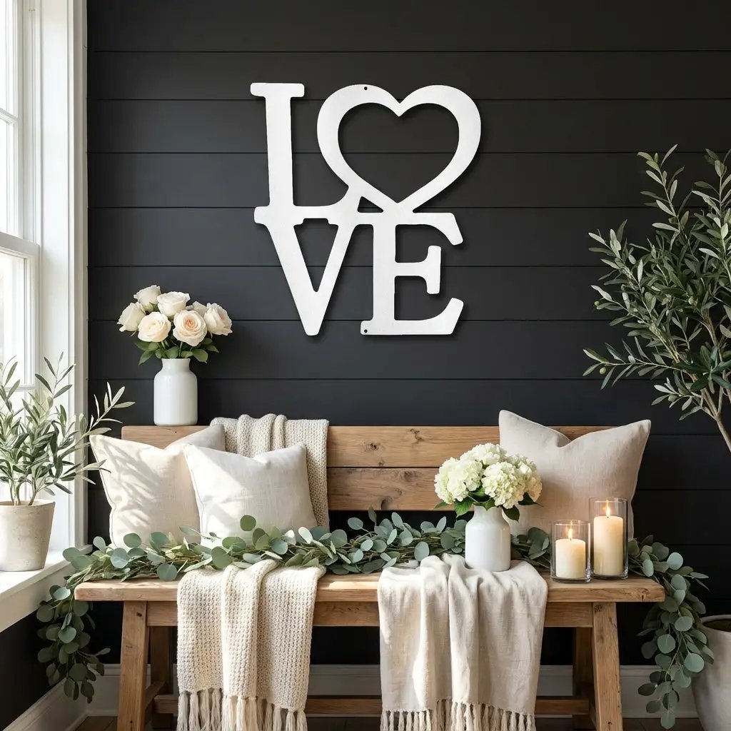 LOVE Metal Wall Art Sign with Heart – Romantic Steel Wall Decor – Wedding Anniversary Gift – Modern Farmhouse Decor