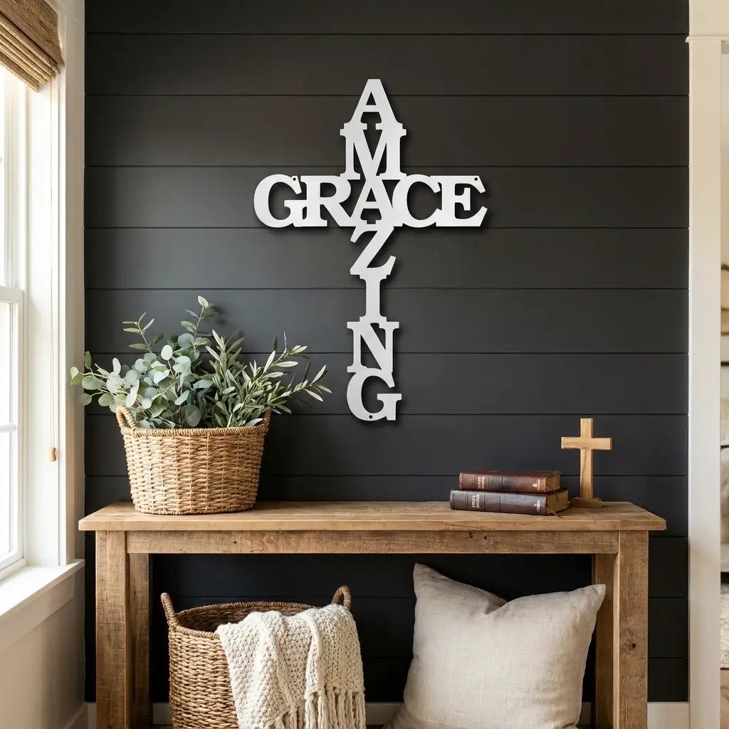 Amazing Grace Cross Steel Wall Art – Christian Metal Cross Sign – Inspirational Faith Decor – Laser Cut Religious Wall Art