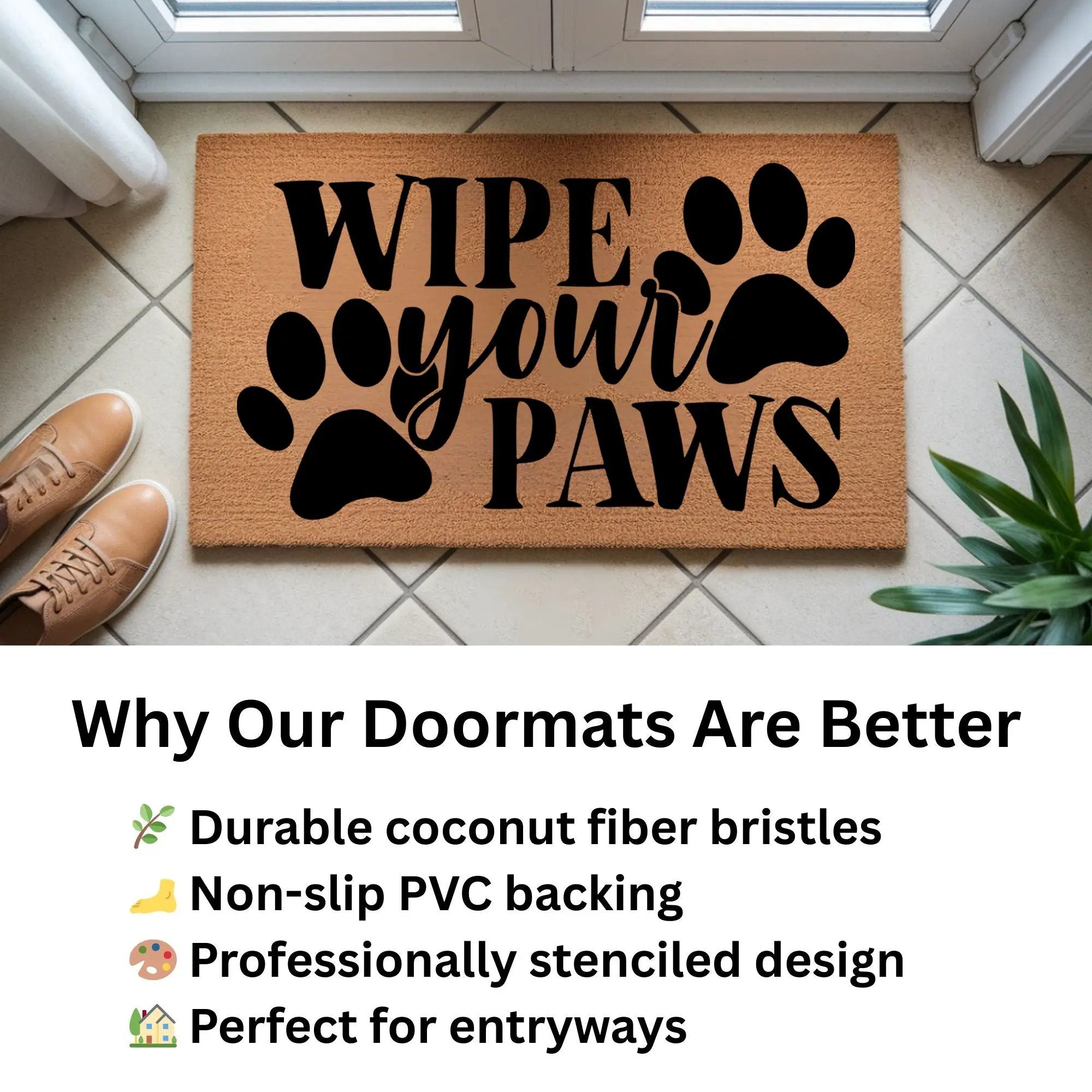 Wipe Your Paws Funny Pet Doormat | Natural Coir Welcome Mat for Dog & Cat Owners | Farmhouse Style Entry Rug
