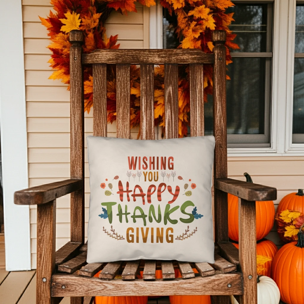 Wishing You a Happy Thanksgiving Throw Pillow – Indoor/Outdoor Fall Accent Cushion – Available in 3 Sizes