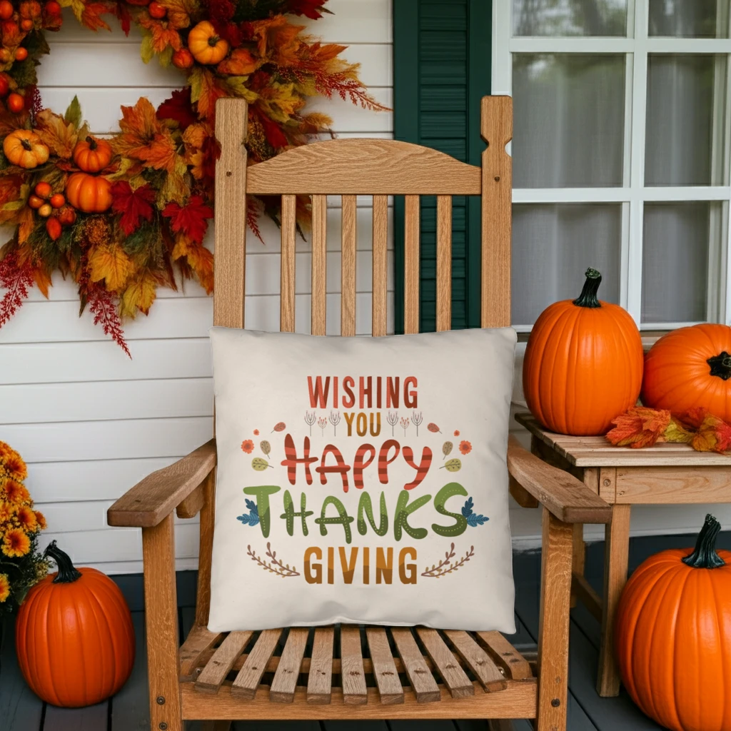 Wishing You a Happy Thanksgiving Throw Pillow – Indoor/Outdoor Fall Accent Cushion – Available in 3 Sizes