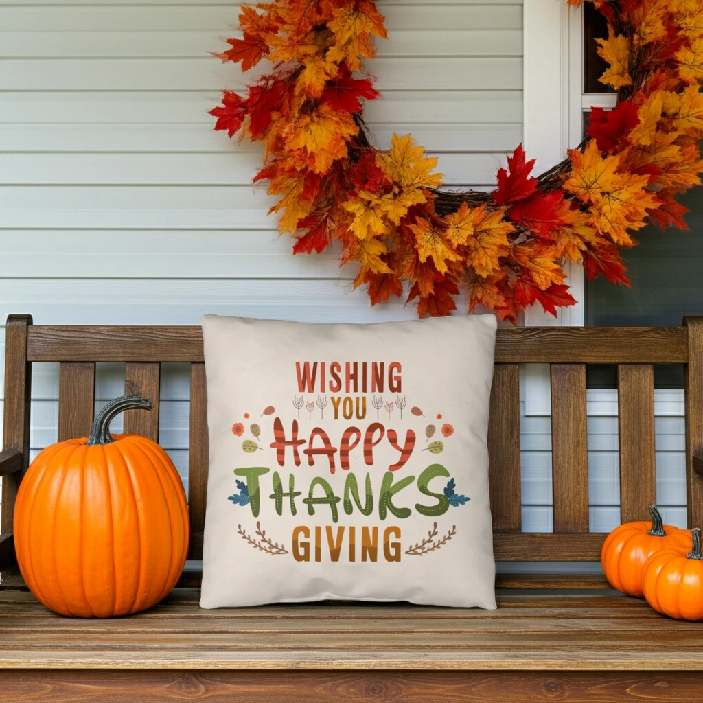 Wishing You a Happy Thanksgiving Throw Pillow – Indoor/Outdoor Fall Accent Cushion – Available in 3 Sizes