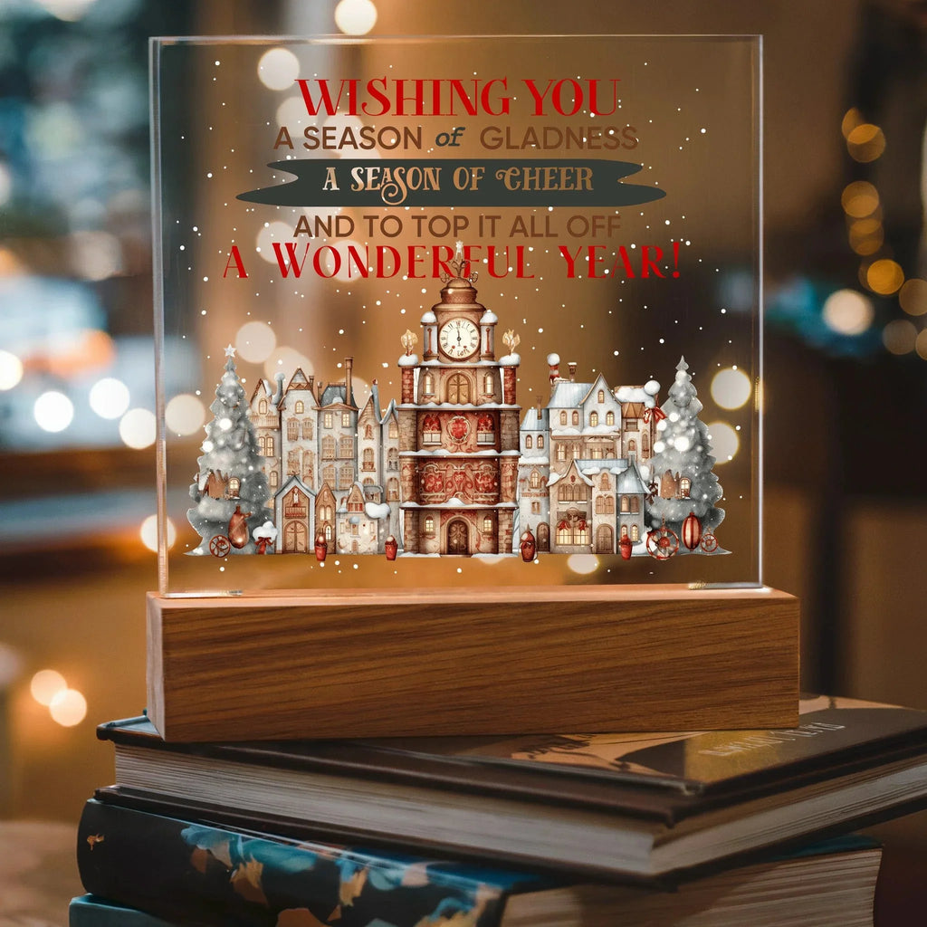 Wishing You a Season of Gladness Holiday Acrylic Plaque with Lighted LED Wooden Base