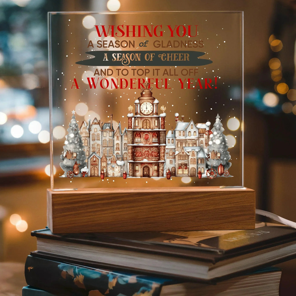 Wishing You a Season of Gladness Holiday Acrylic Plaque with Lighted LED Wooden Base