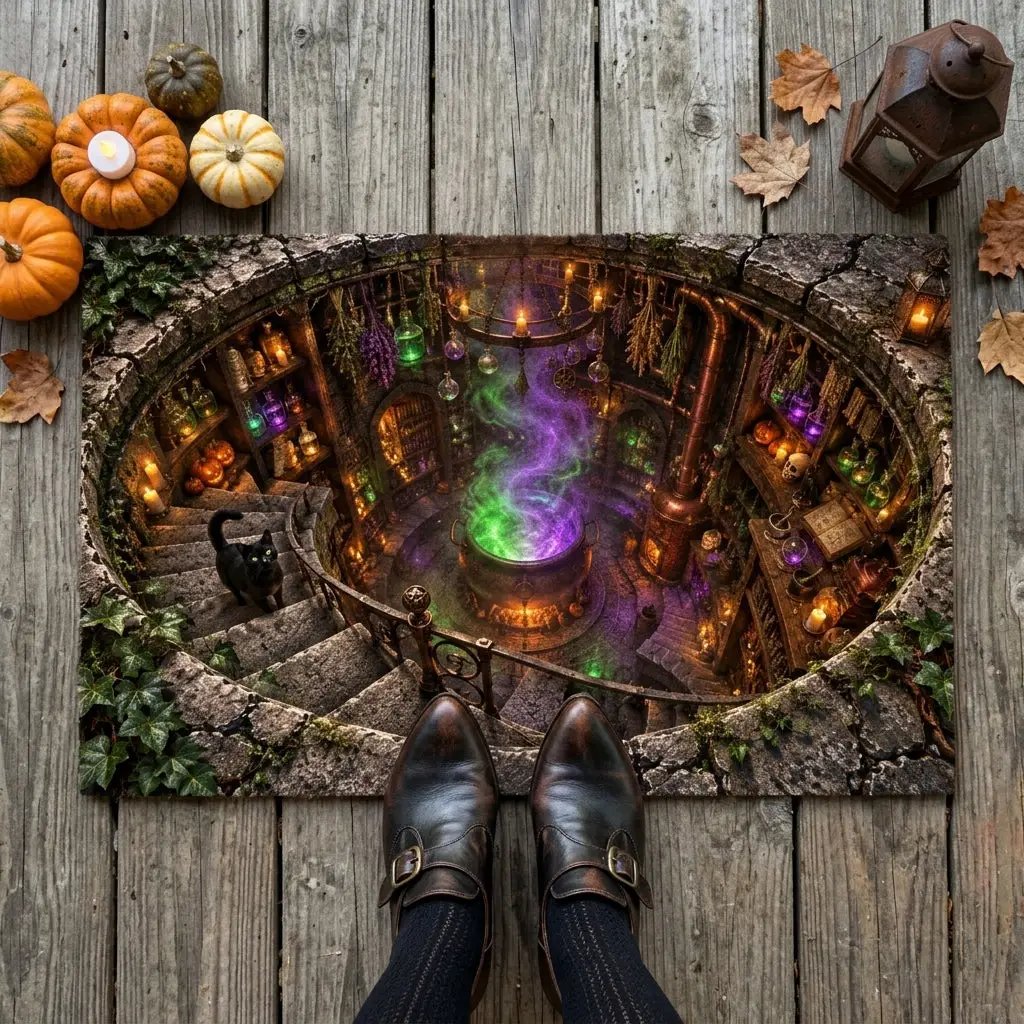 Witch Cauldron Halloween Doormat, 3D Witch Stairwell Illusion Door Mat, Black Cat Spooky Welcome Mat, Witchy Halloween Decor