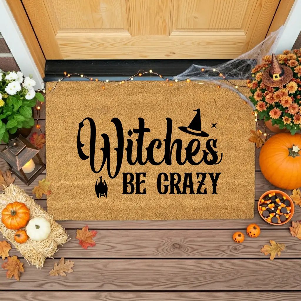 Witches Be Crazy Coir Doormat – Funny Witch Halloween Welcome Mat | Spooky Fall Front Porch Decor | Rustic Farmhouse Entry Rug