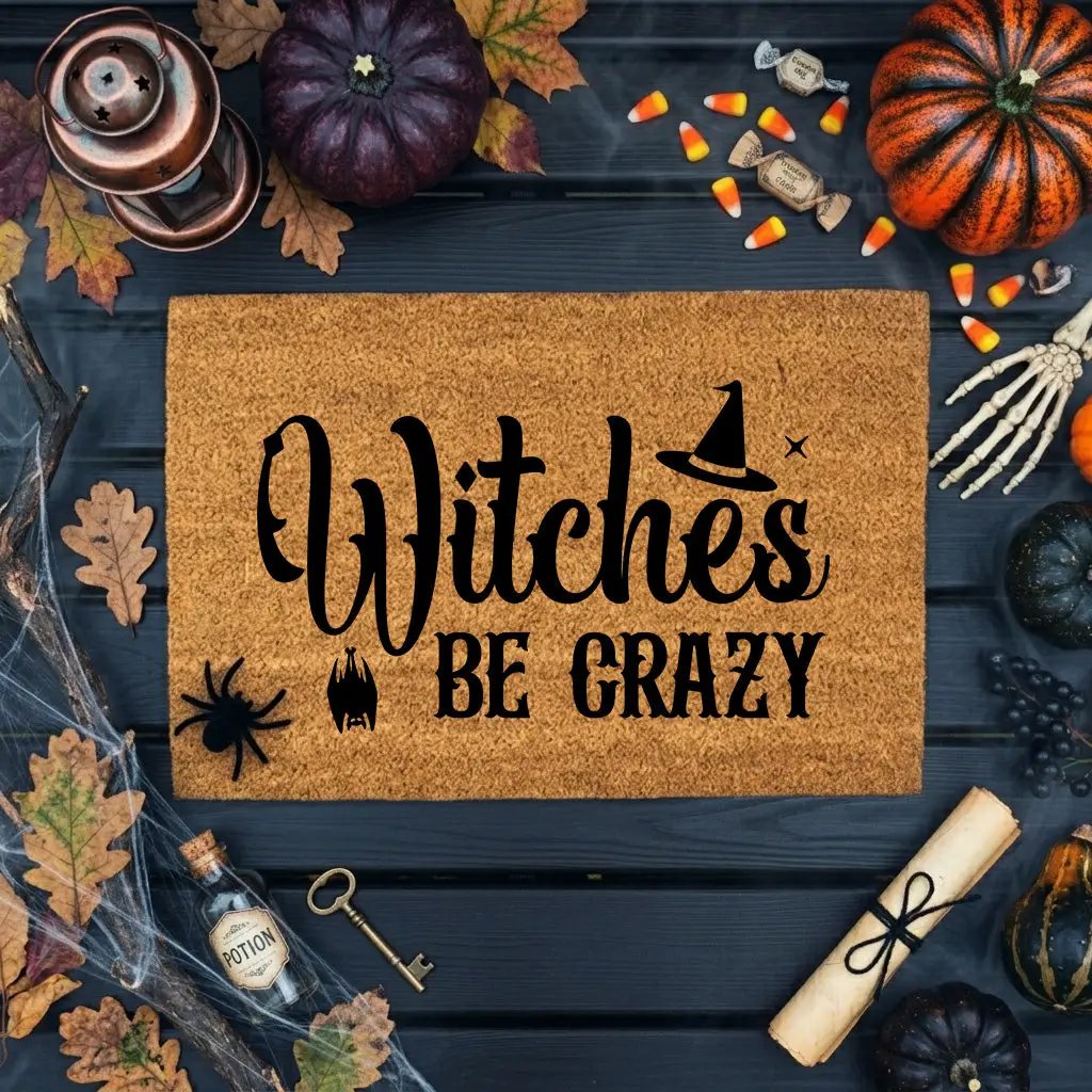 Witches Be Crazy Coir Doormat – Funny Witch Halloween Welcome Mat | Spooky Fall Front Porch Decor | Rustic Farmhouse Entry Rug