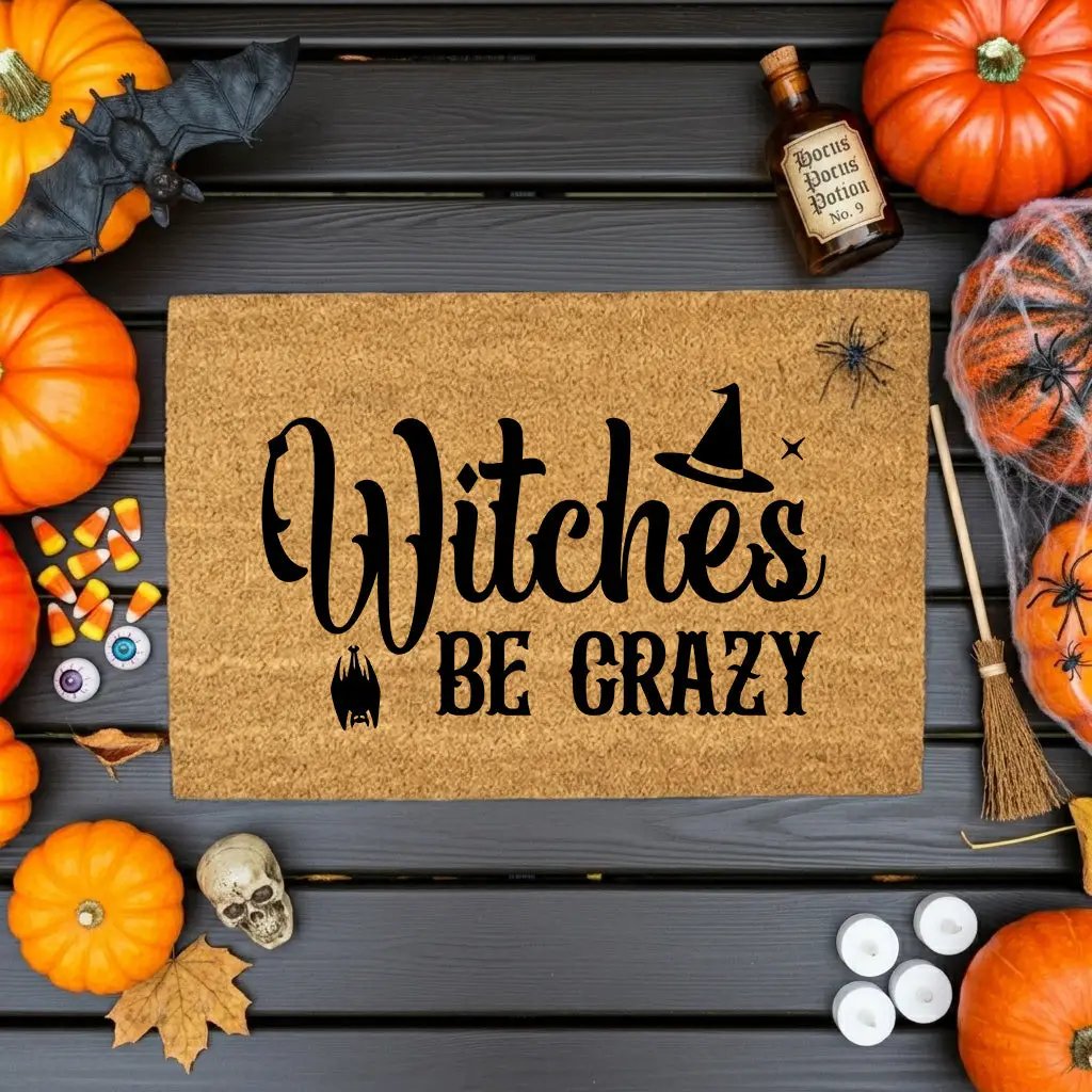 Witches Be Crazy Coir Doormat – Funny Witch Halloween Welcome Mat | Spooky Fall Front Porch Decor | Rustic Farmhouse Entry Rug