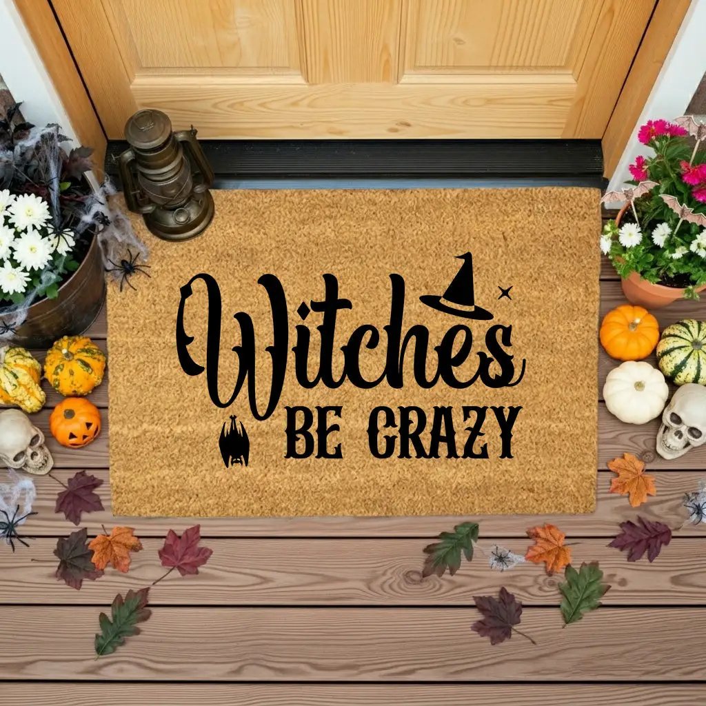 Witches Be Crazy Coir Doormat – Funny Witch Halloween Welcome Mat | Spooky Fall Front Porch Decor | Rustic Farmhouse Entry Rug