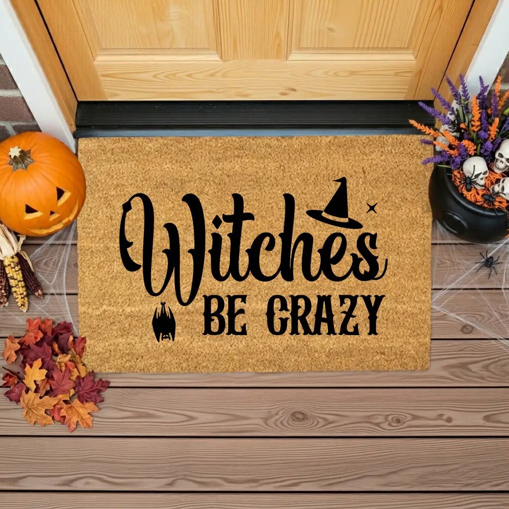 Witches Be Crazy Coir Doormat – Funny Witch Halloween Welcome Mat | Spooky Fall Front Porch Decor | Rustic Farmhouse Entry Rug