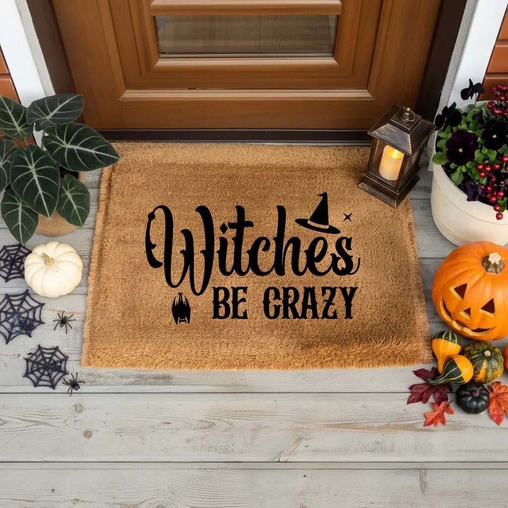 Witches Be Crazy Coir Doormat – Funny Witch Halloween Welcome Mat | Spooky Fall Front Porch Decor | Rustic Farmhouse Entry Rug