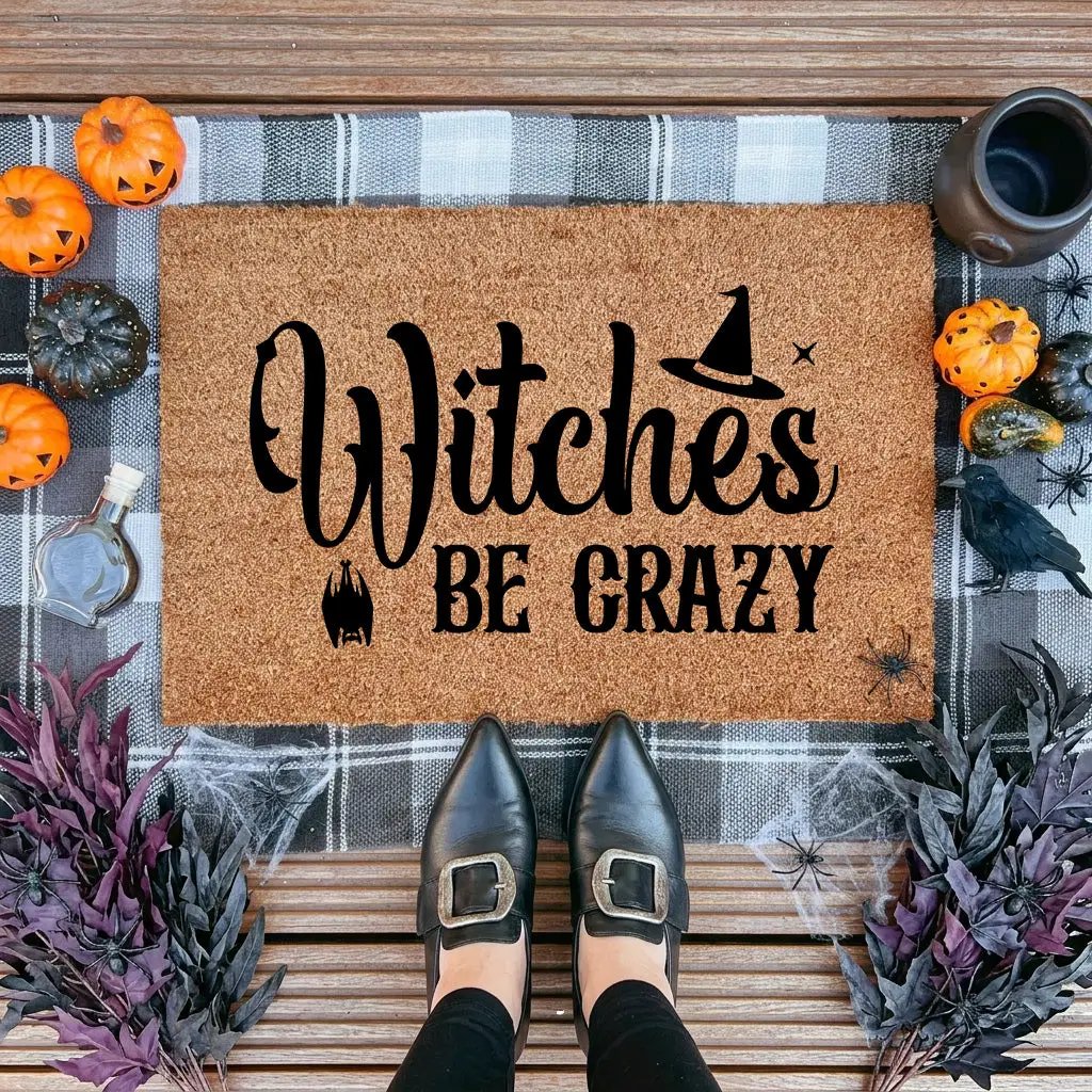Witches Be Crazy Coir Doormat – Funny Witch Halloween Welcome Mat | Spooky Fall Front Porch Decor | Rustic Farmhouse Entry Rug