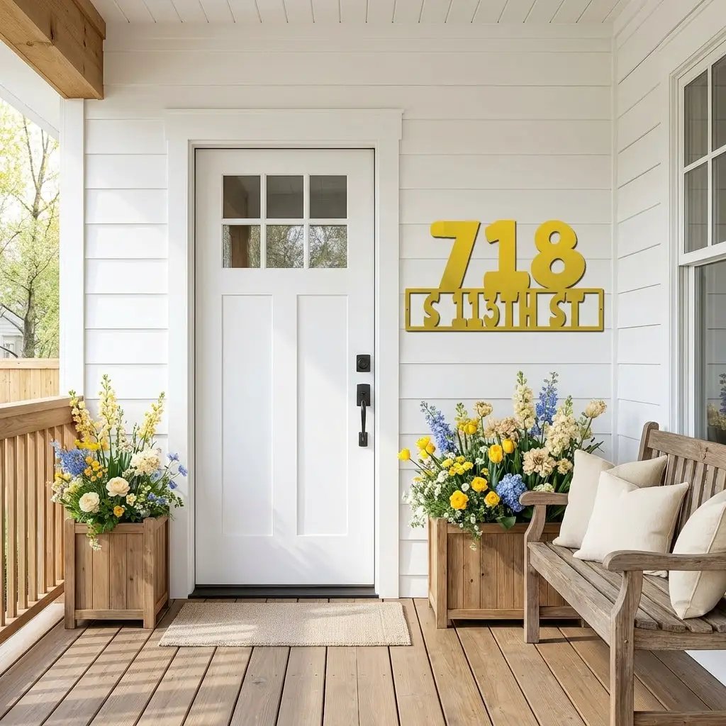 Personalized Metal Address Sign – Custom House Number Steel Wall Art – Modern Farmhouse Address Plaque – Outdoor Powder Coated Home Decor