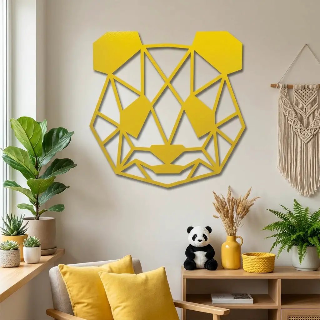 Geometric Panda Metal Wall Art – Modern Animal Steel Décor – Minimalist Panda Head Wall Hanging