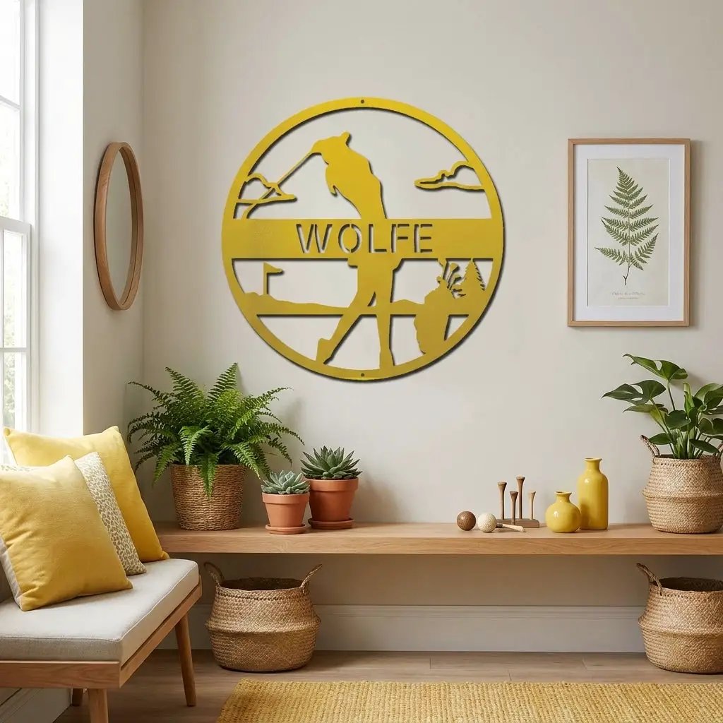 Custom Female Golfer Metal Sign – Personalized Name Wall Art – Round Golf Scene – Laser Cut Steel