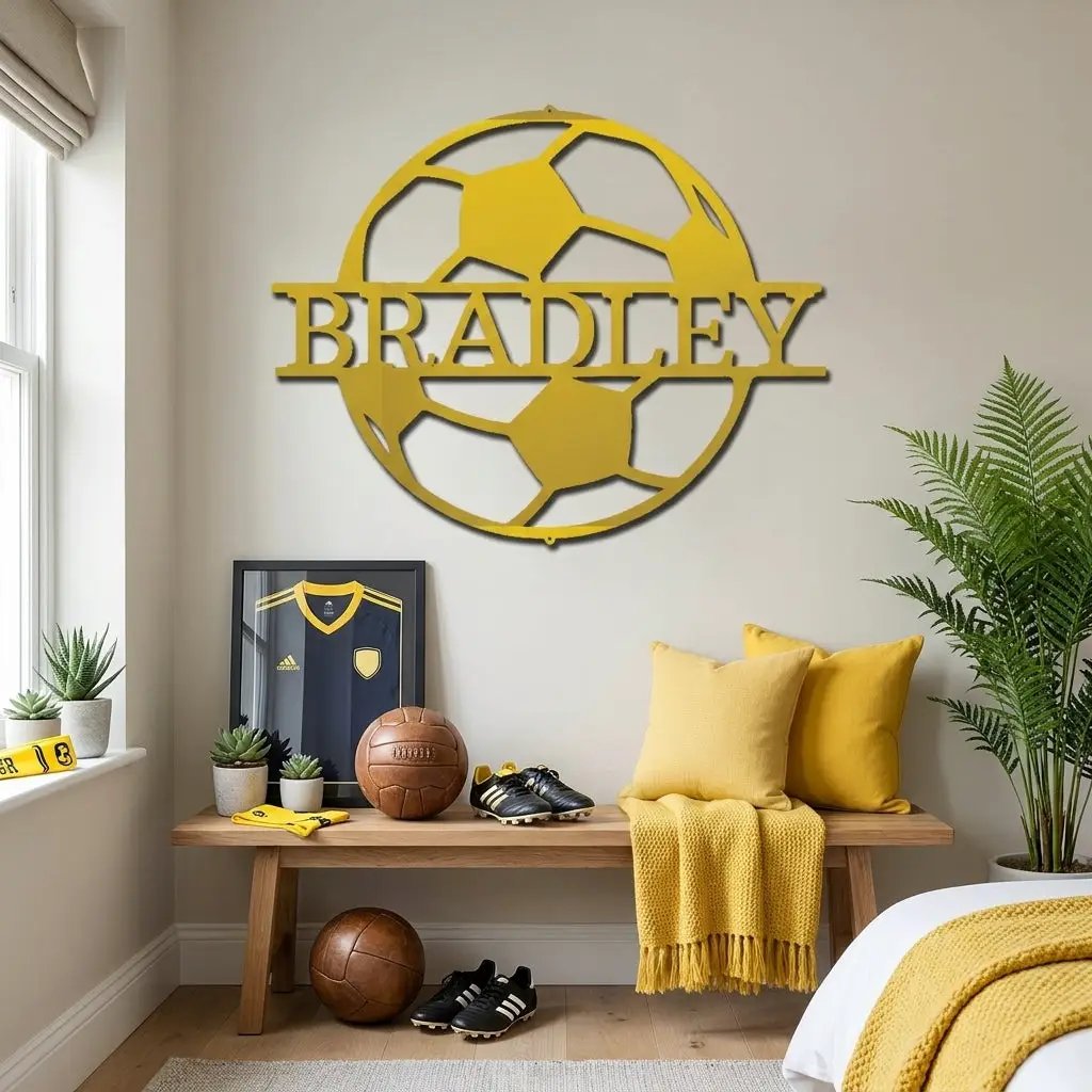 Personalized Soccer Ball Metal Wall Art – Custom Name Soccer Sign – Sports Decor for Kids Room, Soccer Player Gift, Indoor Outdoor Steel Sign