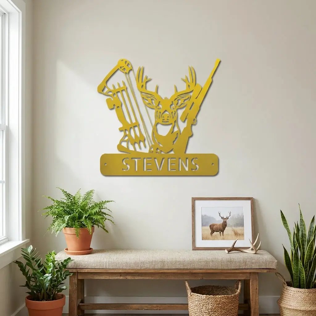 Personalized Deer Hunting Metal Wall Art Custom Hunter Name Sign Buck Head Bow Rifle Decor Rustic Cabin Hunting Gift Outdoor Wall Decor