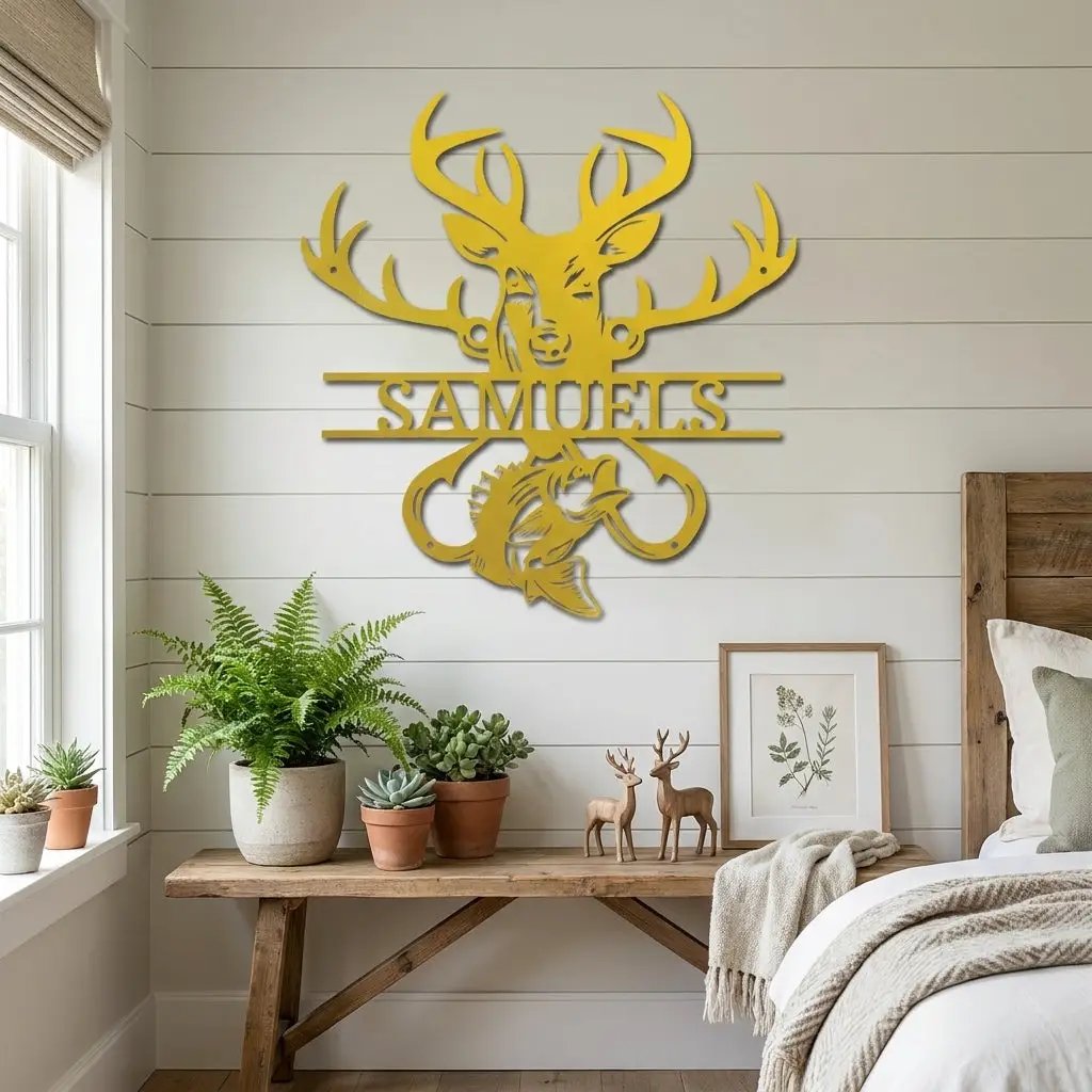 Outdoorsman Custom Metal Wall Art Deer Hunting and Bass Fishing Sign Custom Name Rustic Cabin Decor Hunter Fisherman Gift