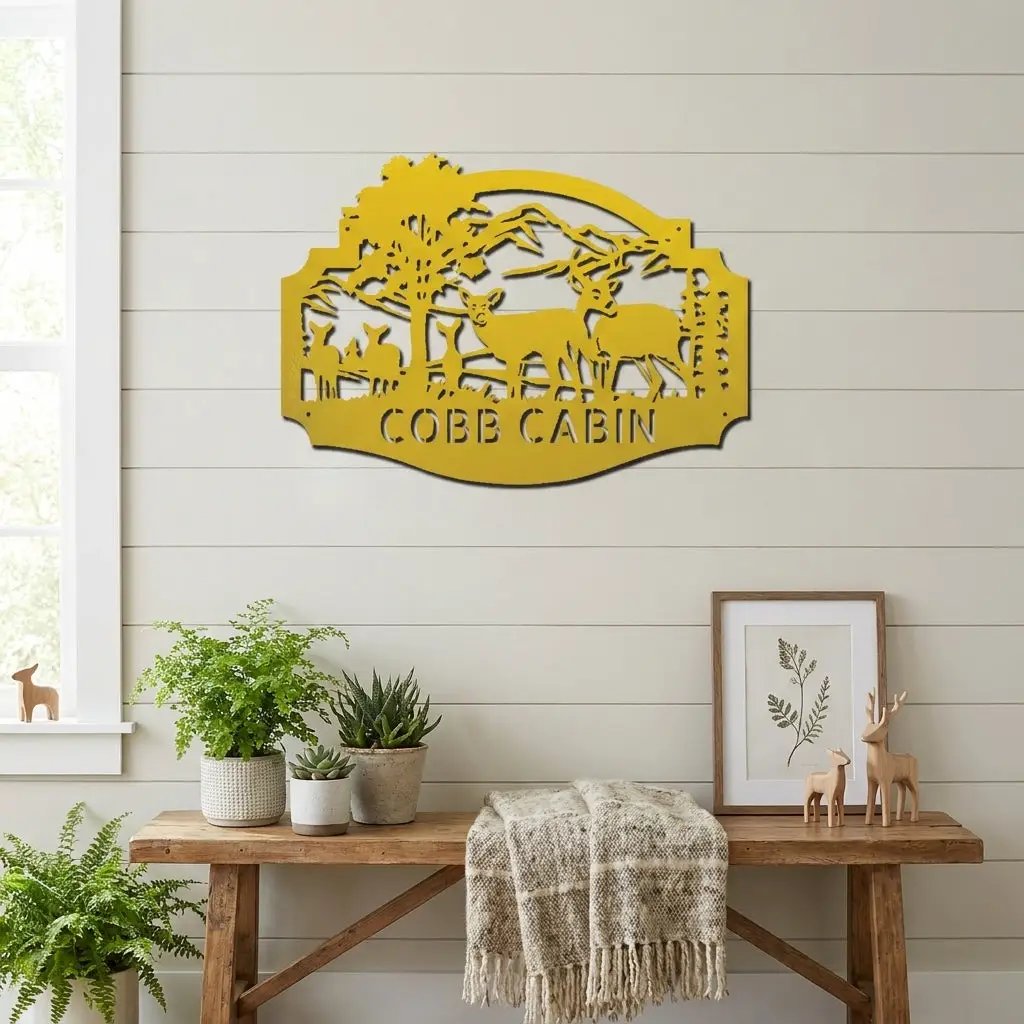 Personalized Deer Cabin Metal Wall Art – Rustic Family Name Sign – Hunting Lodge Decor – Custom Mountain Scene Steel Sign – Cabin Wall Decor Gift