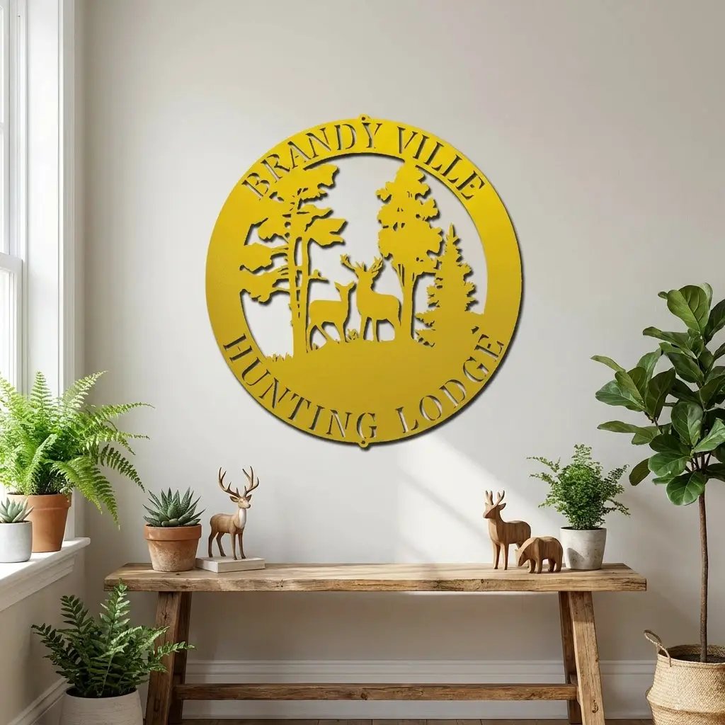 Personalized Deer Couple Metal Wall Art Custom Family Name Sign Hunting Lodge Decor Buck Doe Forest Scene Rustic Outdoor Wall Hanging