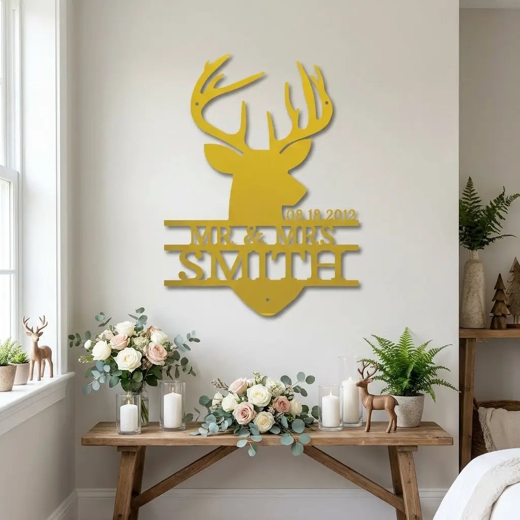 Personalized Deer Head Metal Sign, Mr & Mrs Name Sign, Wedding Gift, Anniversary Gift 25th 50th, Custom Last Name Wall Decor, Rustic Lodge Decor