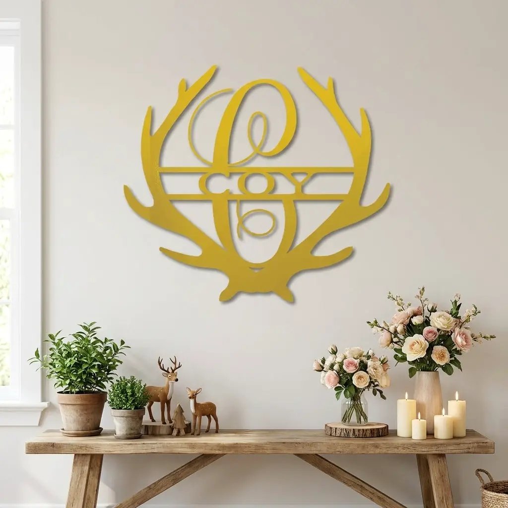 Personalized Deer Antler Family Name Metal Sign – Rustic Last Name Monogram Wall Art – Cabin Lodge Decor Gift