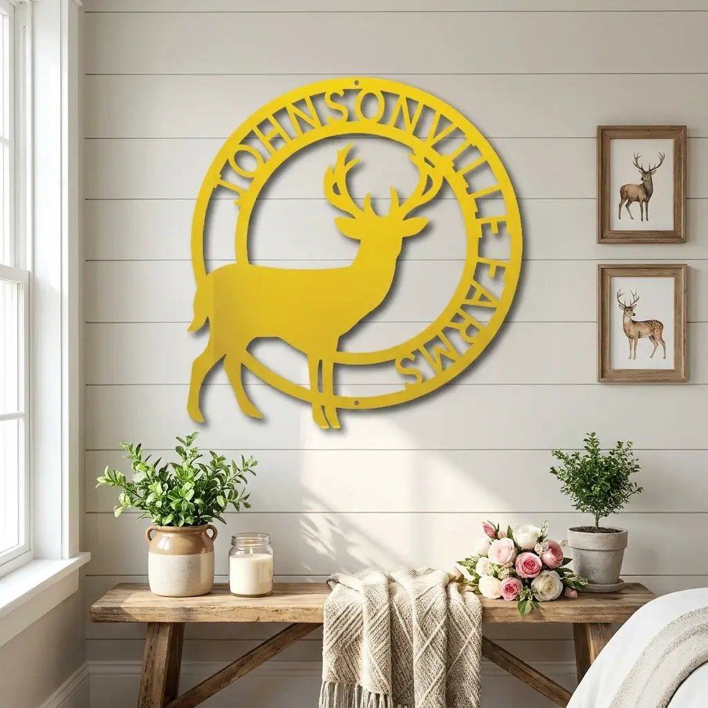 Personalized Deer Family Name Metal Sign – Custom Last Name Circle Wall Art – Rustic Farmhouse Home Decor Gift