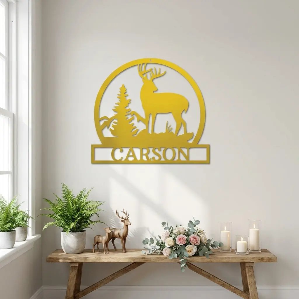 Personalized Deer Scene Metal Sign – Custom Last Name Wall Art – Rustic Cabin Forest Decor Gift