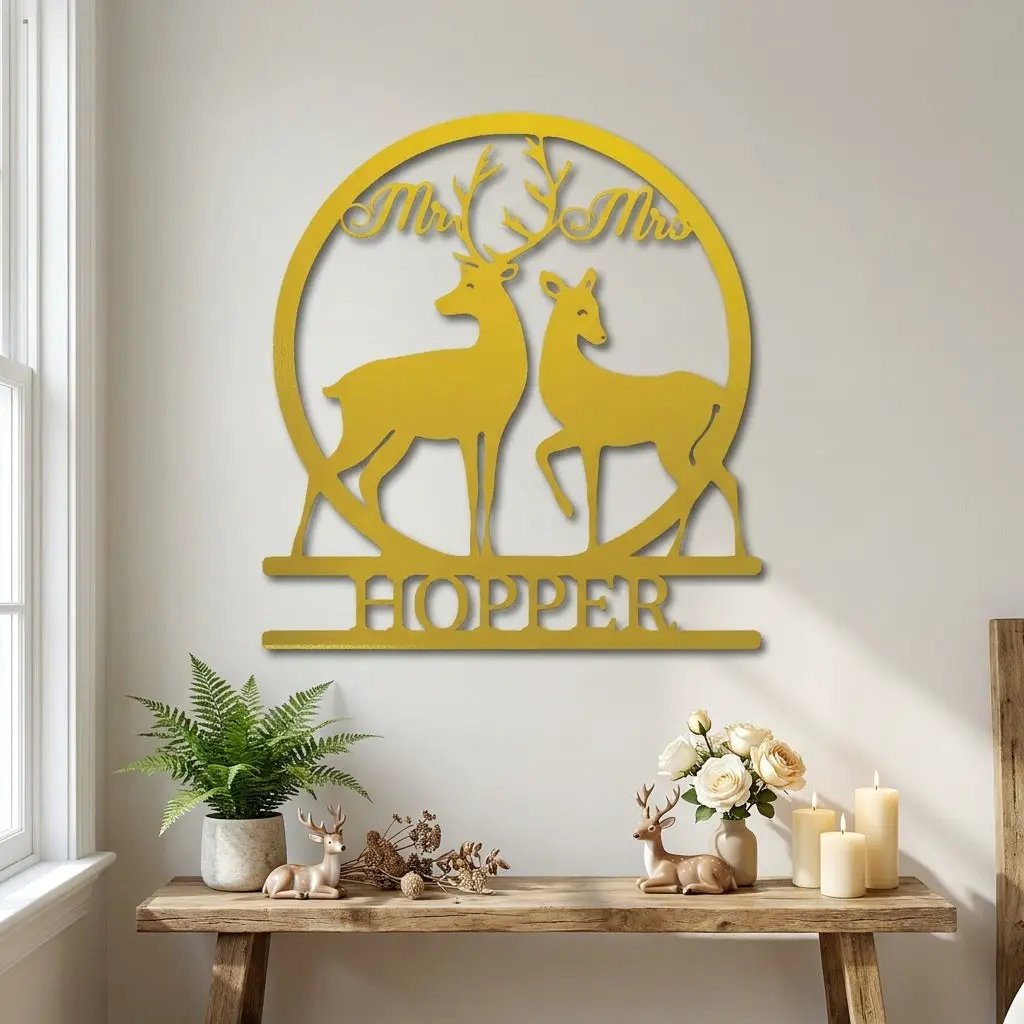 Personalized Mr & Mrs Deer Metal Sign – Custom Last Name Wedding Wall Art – Rustic Anniversary Gift for Couple