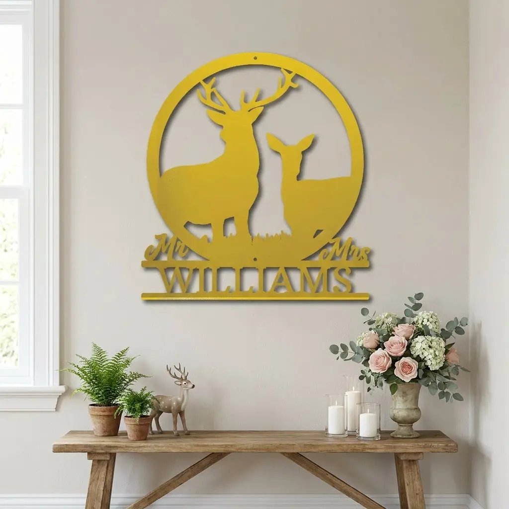 Personalized Mr & Mrs Deer Couple Metal Sign – Custom Last Name Stag & Doe Wall Art – Romantic Wedding or Anniversary Gift