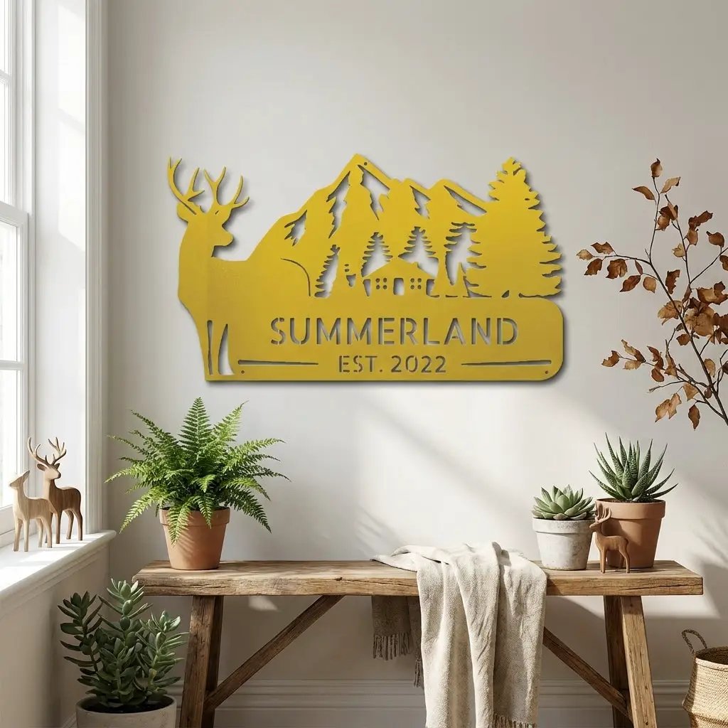 Personalized Deer Mountain Cabin Metal Sign – Custom Family Name Wilderness Wall Art – Rustic Lodge Decor with Trees & Mountains