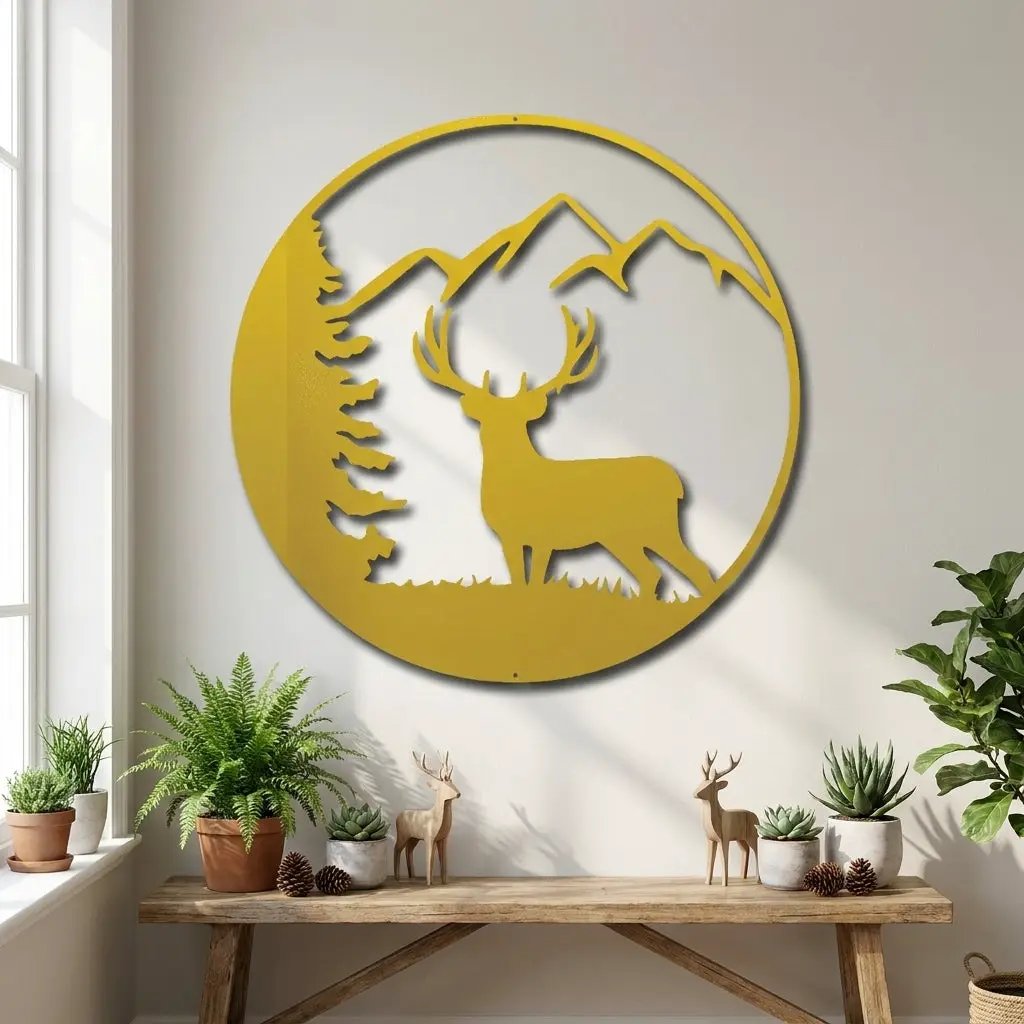 Deer Mountain Metal Wall Art – Rustic Wildlife Circle Sign – Forest & Cabin Lodge Decor – Stag Silhouette Steel Wall Hanging